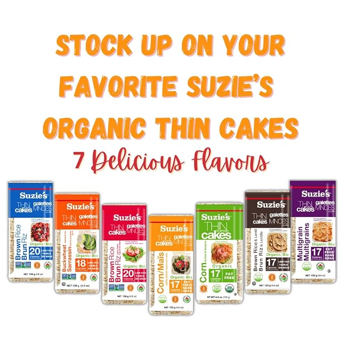 Suzie's Organic Lightly Salted Corn Cake Thins|6 Pack|USDA Organic, NON-GMO, Fat-Free, Sugar-Free, Gluten-Free|Low-Calorie Snack-17 Calories Per Slice|Bread & Cracker Replacement