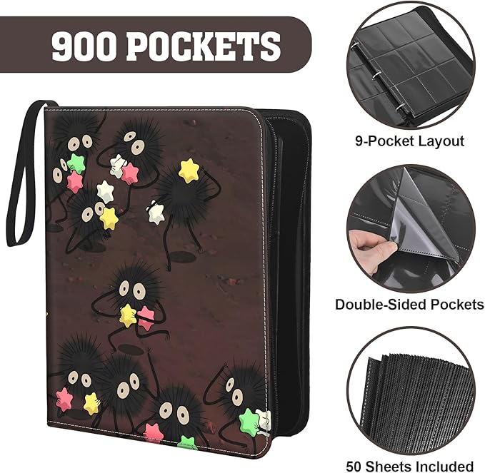 9-Pocket Trading Card Binder & Sports Card Book, 3-Ring Zipper Album Holds 900 Cards with 50 Removable Pages, Fits Standard 2.5" x 3.5" Game & TCG Cards, Water-Resistant PU Cover