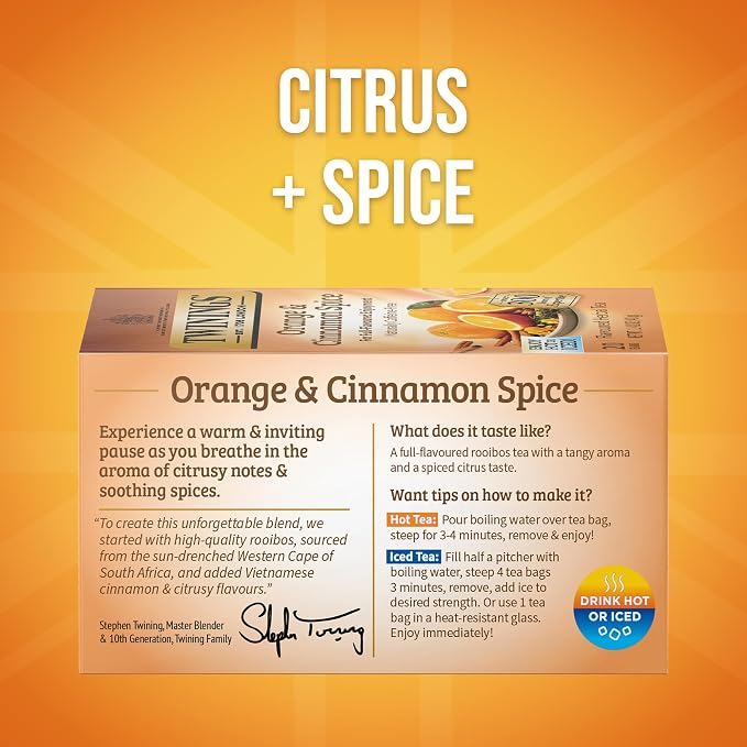 Twinings Orange & Cinnamon Spice Herbal Tea Individually Wrapped Bags, 20 Count (Pack of 6), Naturally Caffeine-Free, Enjoy Hot or Iced, 120 Teabags
