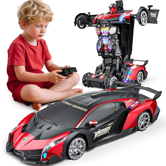Holyton Transformer Remote Control Cars, Transform Robot RC Toys, 1:10 Scale, One-Button Robot, 2 Batteries 80 Mins Playtime, LED Lights, Sound Effects, ideal gift for 5 6 7 8 9 10 11 12 Years Old Boy