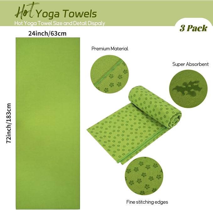 3 Pack Hot Yoga Towels with Plum Blossom Grip Dots, Non Slip Yoga Mat Towel, Super Absorbent Soft Suede Microfiber Mat Cover for Hot Yoga, Pilates, Bikram & Workout, 24" x 72", Grass Green