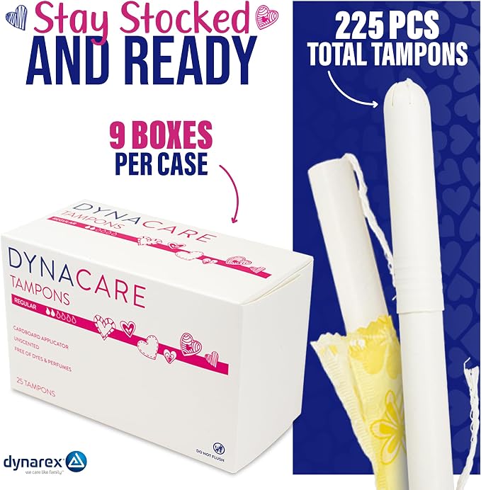 Dynarex Regular Tampons – Bulk Feminine Hygiene Product with Cardboard Applicator – 6-Hour Protection – 9 Boxes, 225 Total Tampons