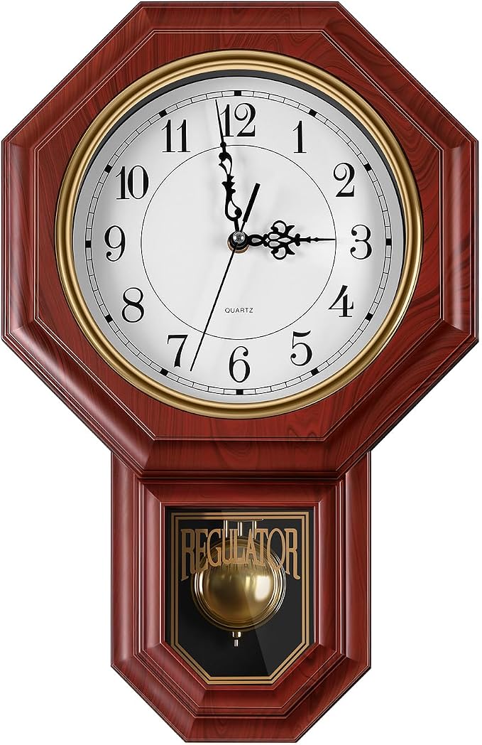 Pendulum Wall Clock,Imitation Wood Plastic Regulator Wall Clocks,Red | Battery Operated,Non-Ticking,Retro Wall Decor Gift,Easy to Read,For Living Room,Dining Room,Schoolhouse,Farmhouse