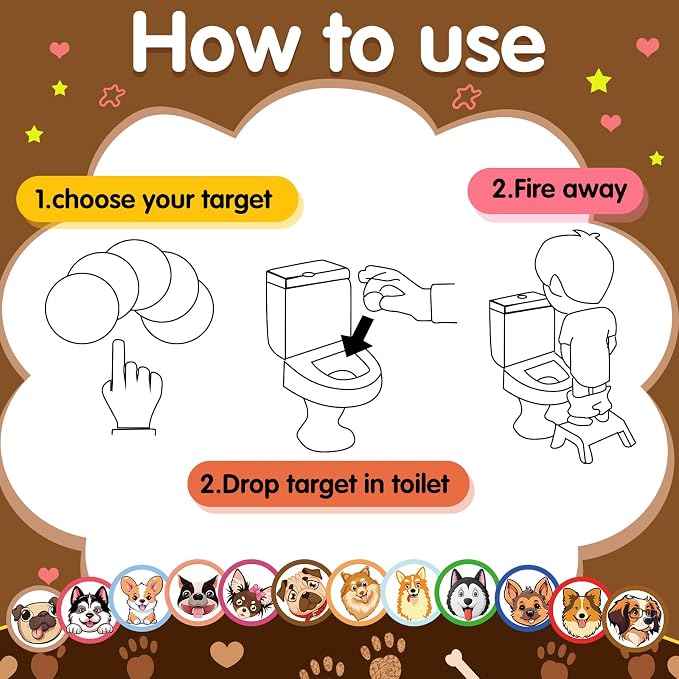 Chinco 120 Pcs Boys Potty Training Targets Boys Potty Targets Aids Flushable Pee Training Chart for Toddlers Use(Dog Style)