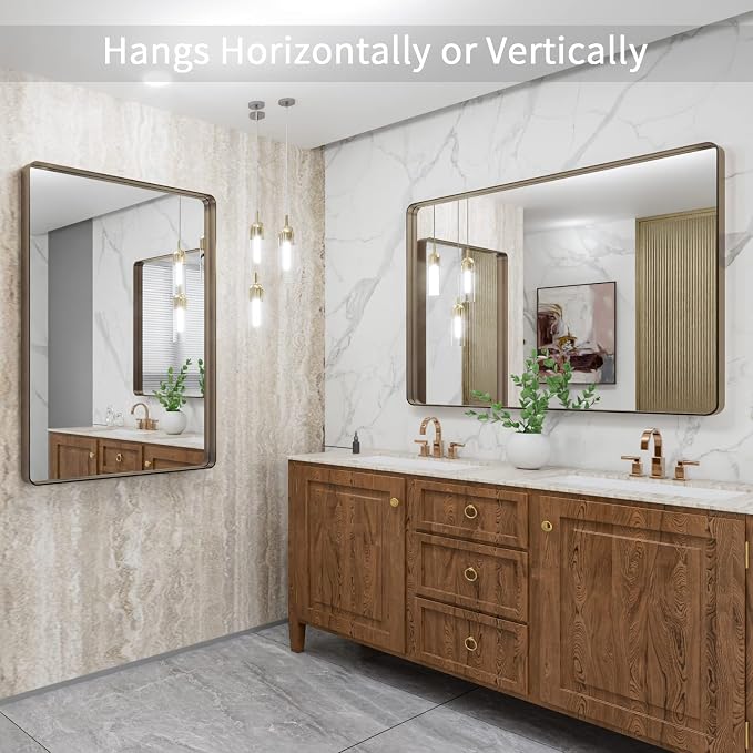 LOAAO 40”X30” Bronze Bathroom Mirrors for Vanity, Rounded Rectangle Brushed Bronze Metal Frame Mirror, Anti-Rust, Tempered Glass, Hangs Horizontally or Vertically | Rounded Rectangle, Brushed Bronze Metal Frame, Anti-Rust, Tempered Glass, Hangs Horizon...