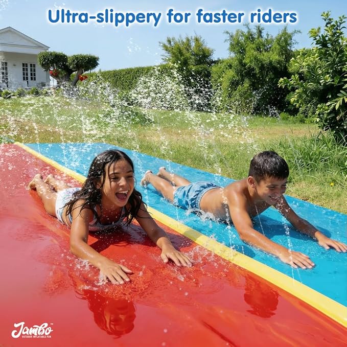 JAMBO Premium 18Ft Budget Slip Splash and Slide, Heavy Duty Water Slide with Advanced Sprinkler System, Backyard Waterslide, Splash Mat, Outdoor Water Toys n Slides for Kids