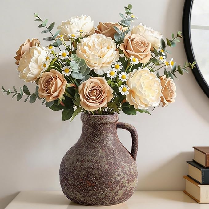 Ceramic Flower Rustic Vase, 7.1 Inch Farmhouse Rusty Vases for Home Decor Handcrafted Pottery Vase Small Terracotta Vases for Dining Table Decor Fireplace Living Room Bathroom Wedding Centerpiece