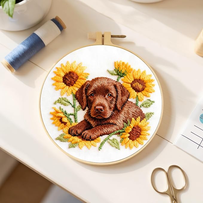 Embroidery Kit for Beginners Adults Labrador 11.4 * 11.4inch Stamped Cross Stitch Kits Needlepoint Starter Set with Embroidery Hoop, Color Threads, Needles and Instructions, Stitches Kit