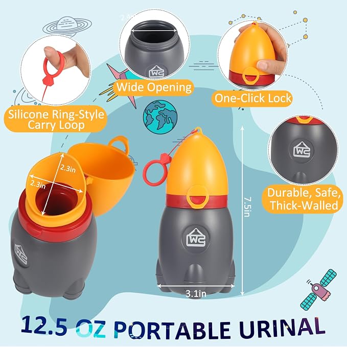ONEDONE Portable Urinal for Kids Rocket Pee Bottle for Kids Emergency Toilet Urinal for Toddlers Boys Girls 12.5 OZ Small Pee Cup for Kids Camping Car Travel Potty Training Baby Urinal Orange