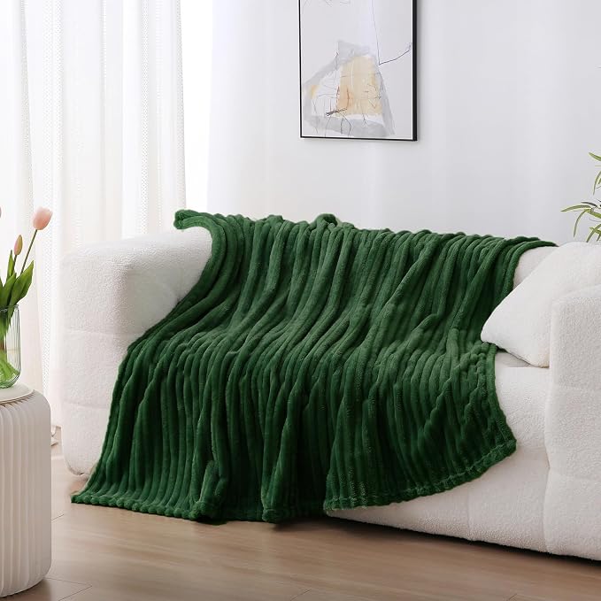 Green Fleece Throw Blanket 108”×90” for Couch Sofa Livingroom | Super Soft Cozy Plush Microfiber Flannel Bed Blanket Striped Design Lightweight Home Decor Gifts for Adults Mom Women