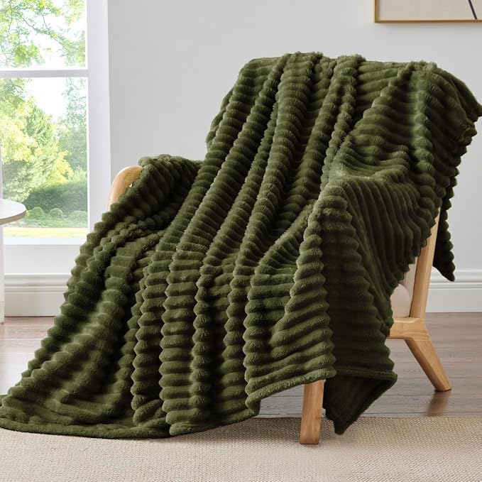 BEDELITE Striped Fleece Throw Blanket, Olive Green, 50"x60" | 300GSM Microfiber Fleece, Soft Cozy, Lightweight Warm, Double-Sided Plush, Machine Washable, Gift, Room Decor, for Couch Sofa