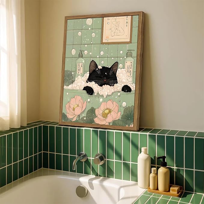 Funny Japanese Black Cat Bathroom Wall Art, Cute Black Cat in Bathtub Wall Decor Picture, Whimsical Japan Animal Bathroom Poster Canvas Prints Painting Artwork 16x24 inch Framed