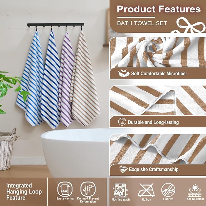JML Microfiber Beach Towels Set, 6 Pack, 27" x 55", Cabana Stripe Coffee | Hanging Loop, Soft, Absorbent, Quick Dry, Lint-free, No Fading, For Swimming Pool Party