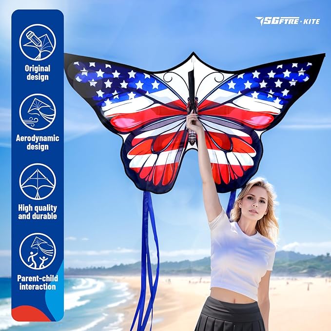 SGftre American Flag Butterfly Kite for Kids & Adults,Extremely Easy to Fly for Beginners，Outdoor Fun Kite Present Summer Kites Butterfly for Kids Toy