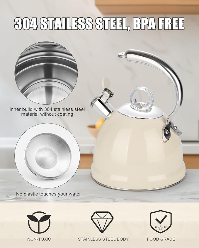 Harriet Tea Kettle Stovetop, 2.5 Quart Whistling Stainless Steel Tea Pot, 3-Layer Base, Unique Ergonomic Handle, Includes Pot Holder & Mat, Electric/Induction/Gas Stovetops Applicable, Beige White