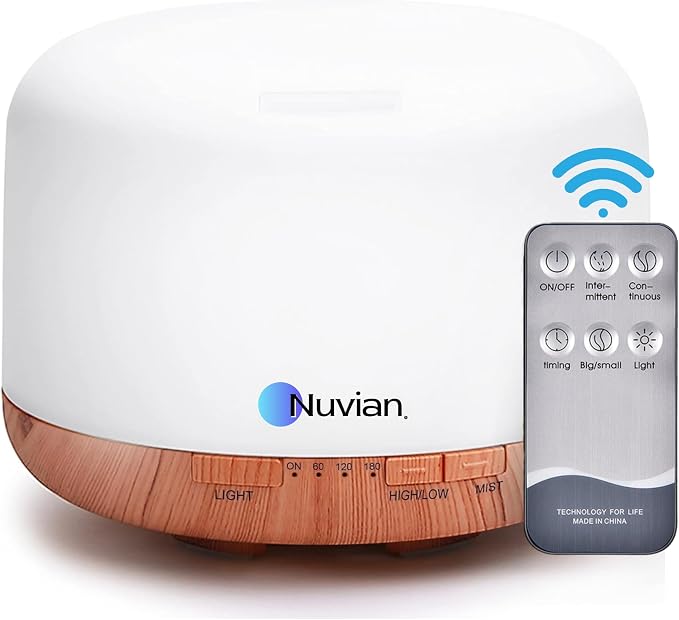 NUVIAN 500ml Essential Oil Diffuser, 5 in 1 Premium Ultrasonic Aromatherapy Fragrant Oil Vaporizer Humidifier with Remote Control, 3 Timer and Auto-Off Safety Switch, 7 LED Light Colors