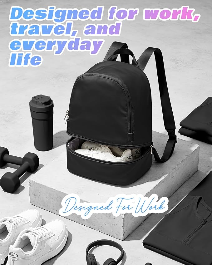 Small Gym Backpack for Women, Office-to-Gym Casual Daypack with Shoe Compartment, Lightweight Water Resistant Small-Size Bag, Clean Fit Style Work Backpack for Daily Use, Black