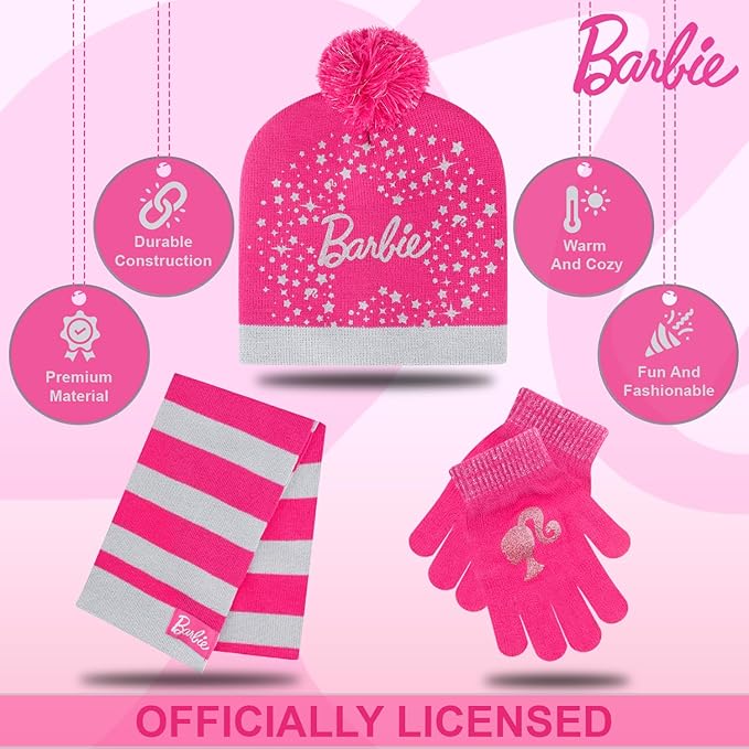 Barbie Girls Winter Hat with Gloves for Ages 5-13 Years – Ultra Soft Pink Beanie Winter Hat for Outdoors