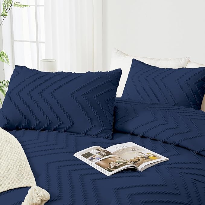 Andency Navy Blue California King Comforter Set, Boho Cal King Soft Warm Tufted Neutral Bedding Comforter Sets, 3 Pieces Cali King Aesthetic Chevron Farmhouse Cute Bohemian Textured Bedding Set