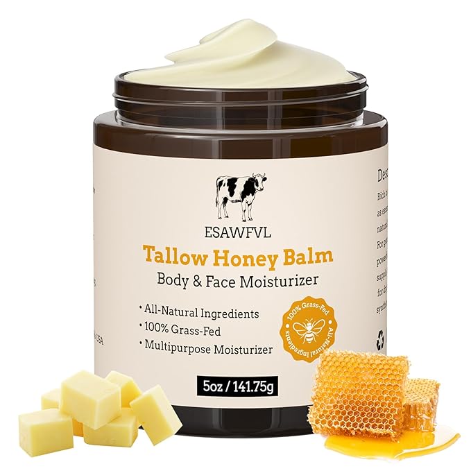Beef Tallow for Skin, Whipped Tallow and Honey Balm for Body and Face, Natural Formula Grass Fed Tallow Face Moisturizer for All Skin Types - 5oz