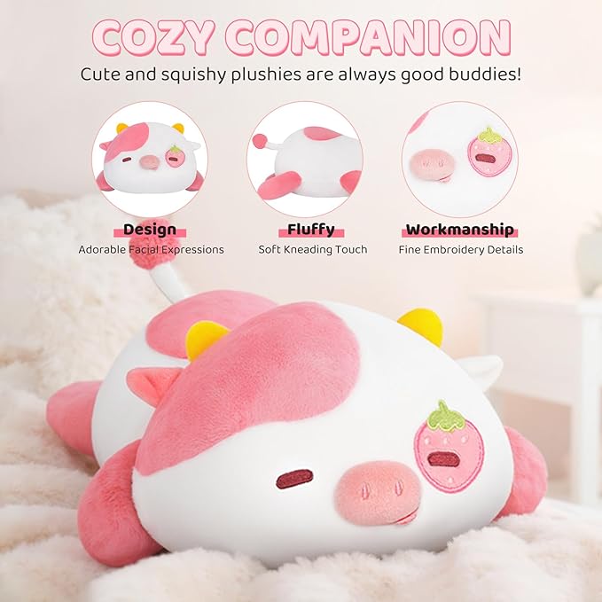 Cute Strawberry Cow Plush Pillow, Kawaii Plushies Strawberry Cow Stuffed Animals, Squishy Plushies, Cuddle Plush Pillow for Kids & Girls (13 Inch)