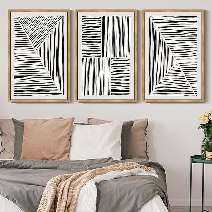 Drsoum Mid-Century Modern Framed Wall Art Large 24x36in Minimalist Abstract Boho Black Line Wall Decor Geometric Artwork Kitchen Dining Room Black Framed