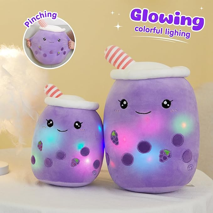 Athoinsu Light Up Grape Boba Bubble Tea Cup Pillow, 15 inch Kawaii Plushies with Colorful LED Lights, Cute & Squishy Glow Pillows, Soft Plush Stuffed Toys for Kids,Girls,Boys (Purple, Medium)