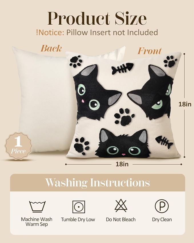 Embroidered Throw Pillow Cover 18x18 Inch, Cat Bone | Decorative Pillow Cover, Whimsical Cushion Case with Hidden Zipper, Cottagecore Decor for Couch, Sofa, Living Room, Bedroom