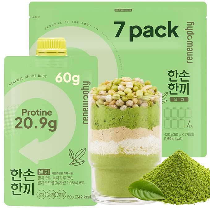 Korean Food Premium Matcha Protein Shake, 25g Protein, 7 Pack Drink Mix | Premium matcha drink mix with 25g protein per pouch, just add water for a convenient beverage