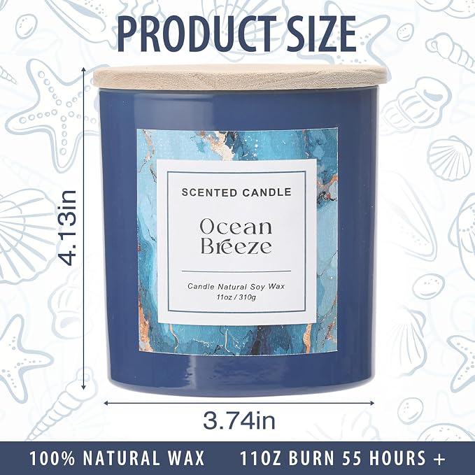 Ocean Breeze Candle,Beach Candle,Summer Scented Candle,11 oz | Natural Soy Candles for Home Scented for Stress Relief,Candle Gift for Women Men