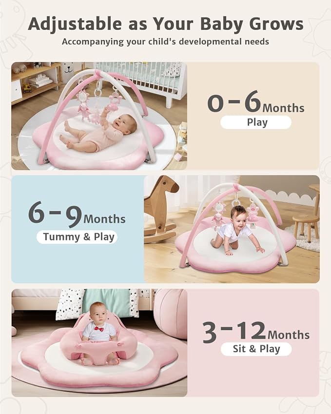 3-in-1 Baby Play Mat, Baby Seats for Infants for Sitting Up, Tummy Time Mat with 5 Detachable Toys, Activity Gym & Playmats for Babies 0-6 6-12 Months, Newborn Babies Shower Gifts