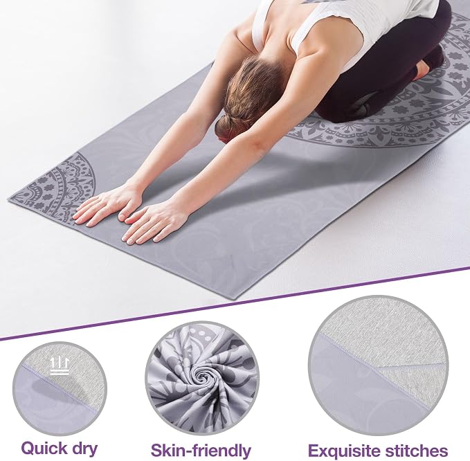 MoKo Yoga Towel, Non Slip Hot Yoga Mat Yoga Blanket Printing Pattern Quick Dry with Corner Pocket for Bikram, Pilates, Gym Workout, Outdoor Picnic, Gray