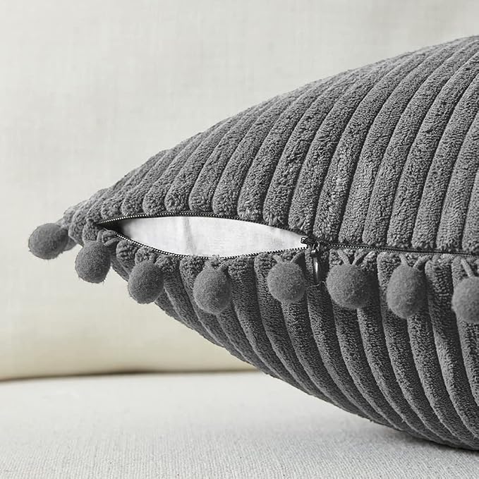 Fancy Homi Set of 2 Dark Gray Decorative Throw Pillow Covers 12x12 Inch with Pom-poms for Couch Bed Sofa, Modern Farmhouse Boho Home Decor, Soft Plush Corduroy Cute Cushion Case 30x30 cm