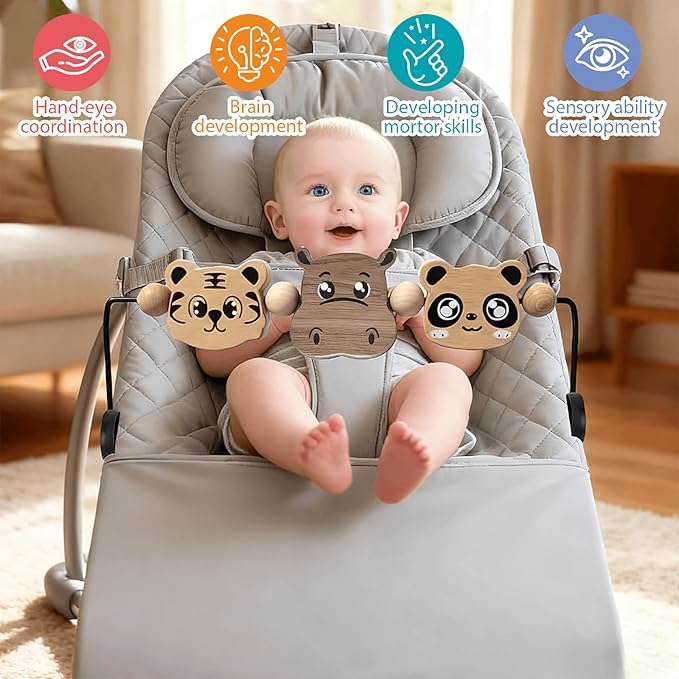 Baby Bjorn Bouncer Toy Bar – Durable Wooden Baby Bouncer Toy Bar Attachment, Easy to Attach and Remove, 360° Rotating，Made of Natural Wood and Incorporating Animal Elements