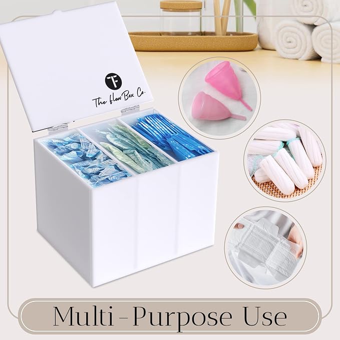 The Flow Box Tampon and Sanitary Pad Organizer - Bathroom Organizer with Removable Dividers, Tampon Storage Box, Discreet Feminine Care Storage, Feminine Care Organizer
