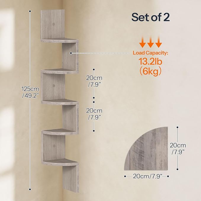 HOOBRO Corner Shelf Wall-Mounted, Set of 2 Floating Corner Shelves for Wall, 5-Tier Corner Bookshelves for Living Room, Bedroom, Bathroom, Home Office, Greige BG26BJP201