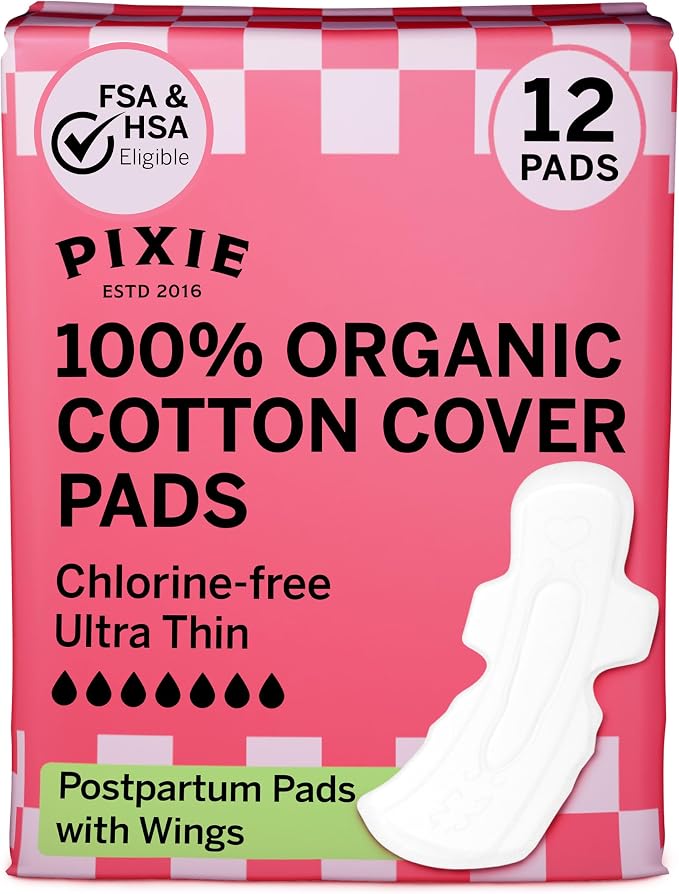 Pixie Organic Pads Ultra-Thin Extra Long Overnight Cotton Pads for Women – Maximum Absorbency with Wings – Leak-Proof, Hypoallergenic, Unscented, Postpartum – Compostable, Biodegradable – 12 Count