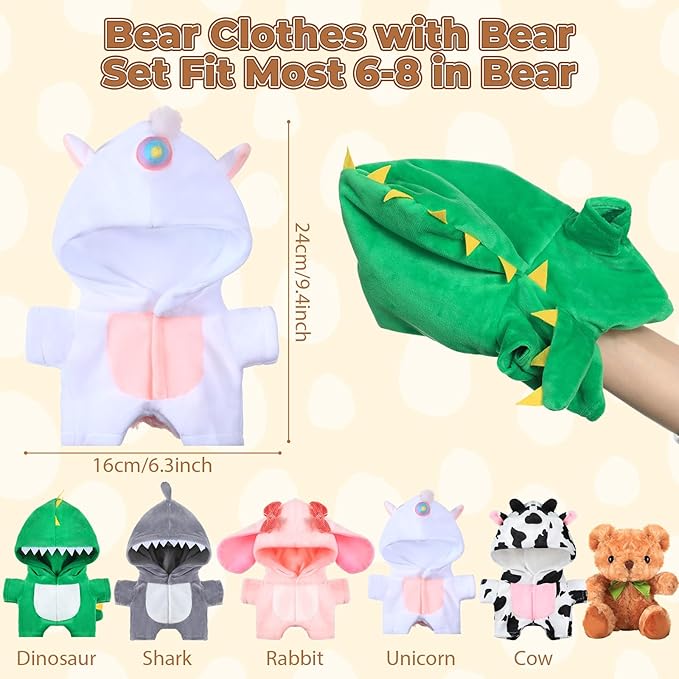 5 Pcs Bear Clothes with 1 Pcs Bear, Stuffed Animal Clothes Fit 6-8 Inches Plush Toy Doll Small Outfit Stuffed Animal Accessories Cute Hoodie DIY Toy