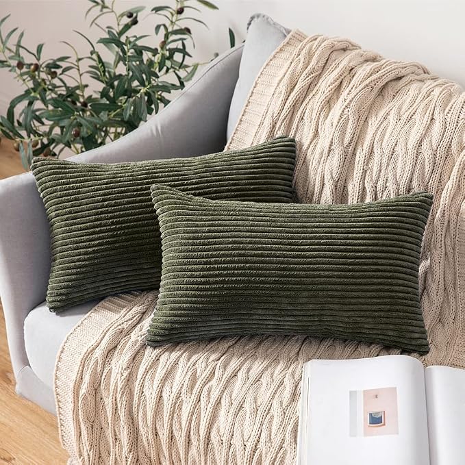 MIULEE Lumbar Corduroy Throw Pillow Covers Set of 2 12x20 Olive Green | Decorative Soft Striped Textured Cushion Cases, Boho Pillowcases for Home Decor, for Couch Chair Sofa Bed Living Room