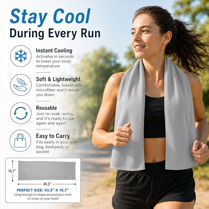 Cooling Towel for Neck and Face - 43.3" x 15.7" - Quick-Dry Microfiber - Ideal for Hot Weather, Gym, Fitness, Camping, Yoga - Light-Gray
