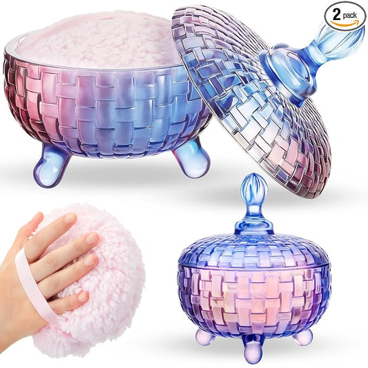 Tioncy 2 Pcs Extra Large Dusting Powder Puff and Container for Women-6'' Glass Crystal Dusting Powder Container with Body Soft Washable Reusable Velour Face(Gradient,Weave Design)