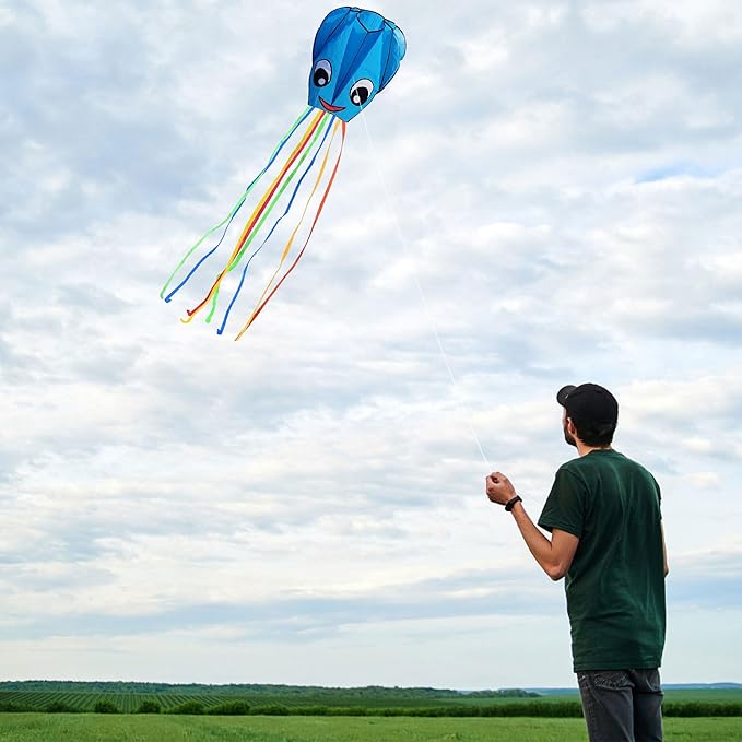 3 Pack Large New Upgraded Smiley Octopus Kites, Long Tail Beautiful Kite for Kids Adults Easy Fly to for Beach Great Outdoor Games and Activities with Family, Red Blue Green 3 Colors