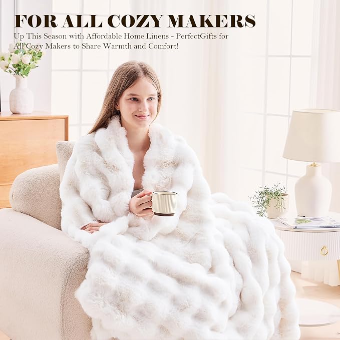 Faux Fur Queen Blanket for Couch, 1000 GSM Cozy Fuzzy Fluffy Soft Plush Thick Bubble Sherpa Blanket for Sofa Bedroom Living Room, Mothers Day Birthday Gifts for Women Home Decor