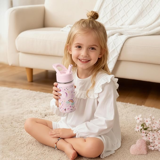 Kids Water Bottle,14oz Stainless Steel Insulated Water Tumbler Leak-Proof,School Water Mug,Small and Portable,Suitable for Boys and Girls to Use(Pink cartoon unicorn)