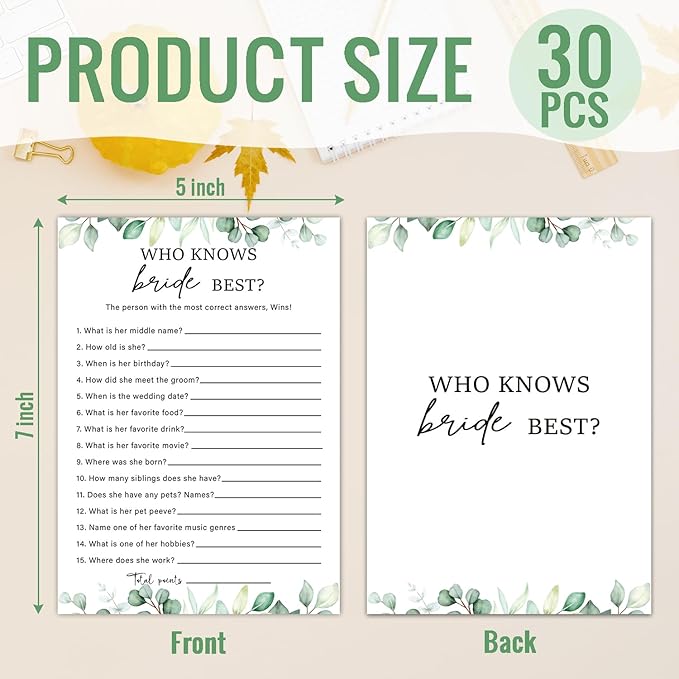 Who Knows The Bride Best Bridal Game Wedding Shower Games, Bridal Shower Games 30 Guests for Engagement Wedding Party (Eucalyptus Botanical Style) -0010