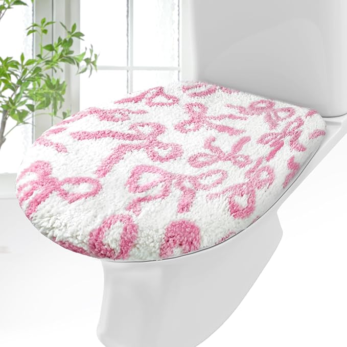 Rose Pink Bow Toilet Lid Cover Washable Coquette Cute Plush Toilet Cover for Bathroom Decor Soft Microfiber 17.5 x 15 Inch Non Slip Rubber Backing Fits Most Round, Elongated
