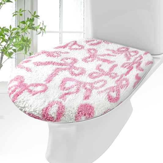 Rose Pink Bow Toilet Lid Cover Washable Coquette Cute Plush Toilet Cover for Bathroom Decor Soft Microfiber 17.5 x 15 Inch Non Slip Rubber Backing Fits Most Round, Elongated