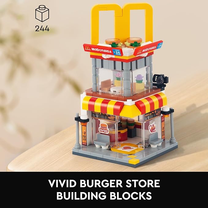 HIGH GODO City Street View Burger Shop Building Set, MOC Creative Model Set Creative Model Toys, Unique Home Decor, Ideas Birthday Holidays Toy Gift (244 Pieces)