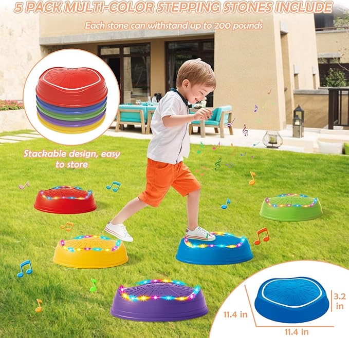 Music Light Up Stepping Stones for Kids Toddler - 5PCS Non-Slip Stackable Plastic Sensory Stepping Stones, Preschool Obstacle Course Balance Board Game, Gross Motor Energy Toys for Indoor Outdoor