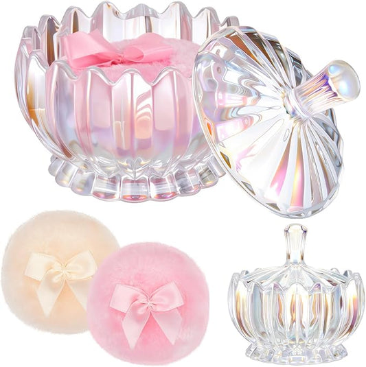 Tioncy 3 Pcs Large Body Powder Puff and Container Valentine's Day gift Powder Container with Puff Crystal Case Soft Washable Reusable Velour Face Body Glitter Wet Dry Makeup(Scalloped,Glitter)